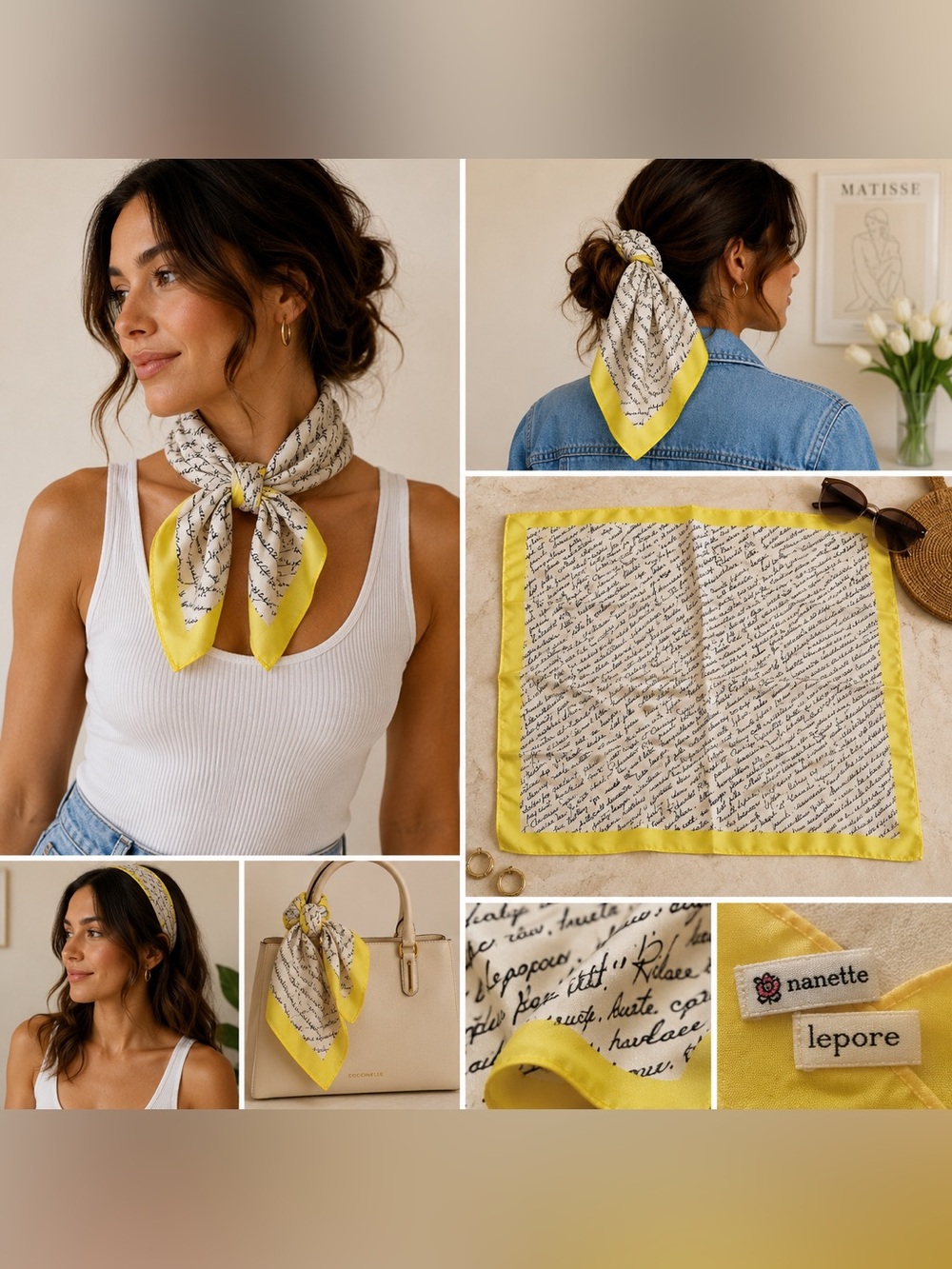 Nanette Lepore Script Print Square Scarf Yellow Black White Silk Feel 20x20
